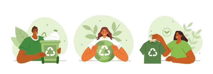 Recycling concept illustration. Collections of men and women characters reducing plastic trash and buying recycle clothes to prevent environmental pollution. Vector illustrations set.