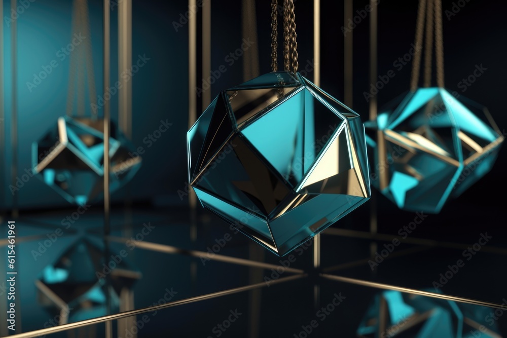 Wall mural 3d geometric form hanging from chain, with reflection in the background, created with generative ai