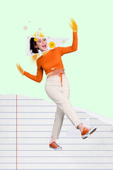 Vertical concept creative illustration sketch photo collage of funny good mood young girl dancing...
