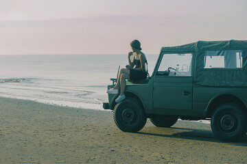 a model seat in a jeep in an empty beach in summer at sunset.
