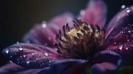 macro photography of a closeup colourful wet flower with water drops in a delicate and soft light environment. generative ai