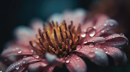 macro photography of a closeup colourful wet flower with water drops in a delicate and soft light environment. generative ai