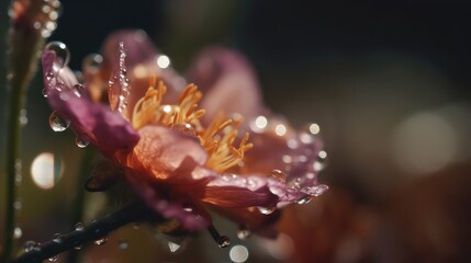 Fototapeta premium macro photography of a closeup colourful wet flower with water drops in a delicate and soft light environment. generative ai