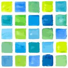 Watercolor seamless pattern with colored squares on white background. Multicolored colorful mosaic.