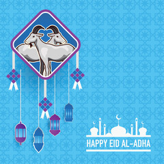 Eid al-Adha greeting card. Muslim Festival of the Sacrifice Qurban with goats