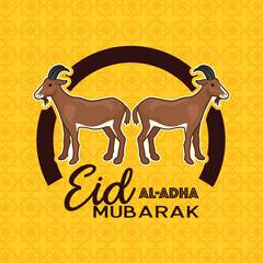 Eid al-Adha greeting card. Muslim Festival of the Sacrifice Qurban with goats