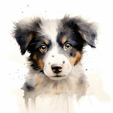 Border collie puppy. Stylized watercolour digital illustration of a cute dog with big brown eyes.