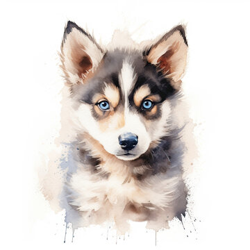 Husky puppy. Stylized watercolour digital illustration of a cute dog with big blue eyes.