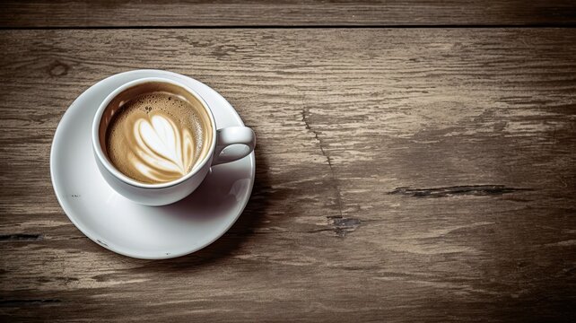 White Coffee Cup on Wooden Table. Minimalist Style Photography