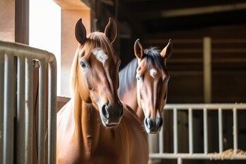 Majestic Beauty: Horses in the Barn, a Captivating Portrait, generative ai