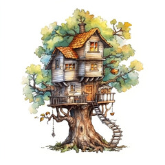 Watercolor illustration of a tree house in the shape of a house AI Generative