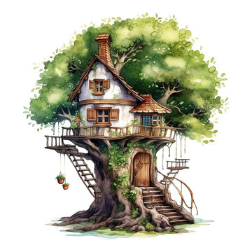 watercolor treehouse, whimsical, green leaves, wooden clip art preview