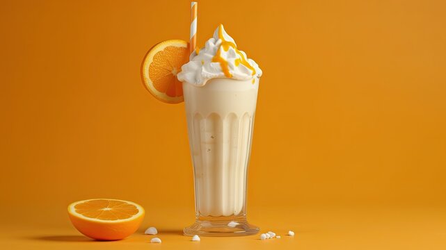 Orange Creamsicle Shake: A creamy shake made with orange juice, vanilla ice cream, milk, with an orange slice and whipped cream with copy space for your text created with generative AI technology