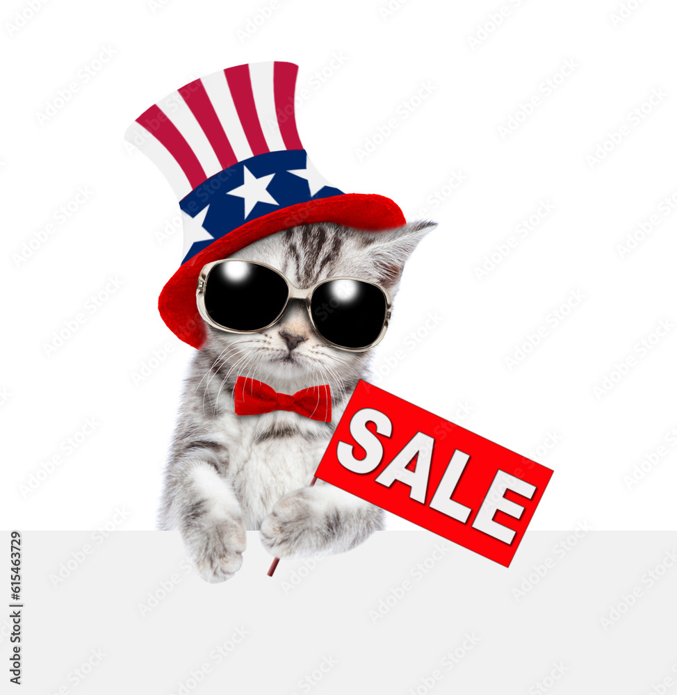 Poster cute kitten wearing like uncle sam looks from behinde empty white banner and shows signboard with la