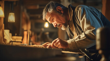 A close-up shot of a carpenter working on cabinet making, focusing on the intricate woodwork, showcasing rough textures and fine grains. 