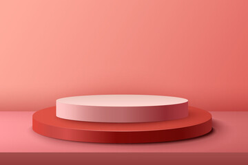 Abstract 3D realistic red and pink empty round podiums. Minimal scene for product display presentation. Award ceremony concept. Abstract scene with cylindrical podiums