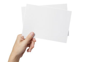 Hand holding two blank sheets of paper (tickets, flyers, invitations, coupons, banknotes, etc.), cut out