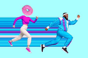 Poster banner collage of two people scared athlete run fast away with flowing colors escape from bad habit fat sugar eating