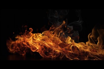 Fototapeta premium Inferno Illumination: Fiery Flames Dancing on a Dark Black Background, flames, fire, black background, heat, hot, burning, blaze, inferno, combustion,