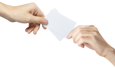 Hands sharing two blank cards or tickets/flyers, cut out