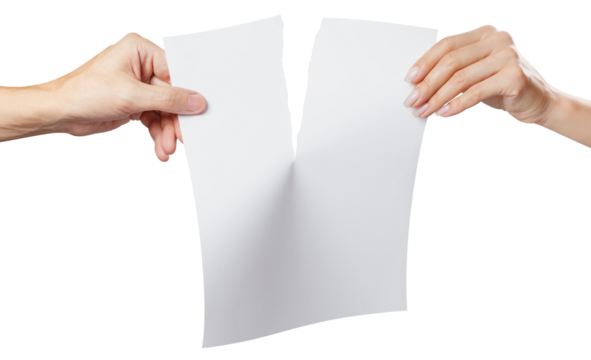 Hands tearing a sheet of white A4 paper in half, cut out