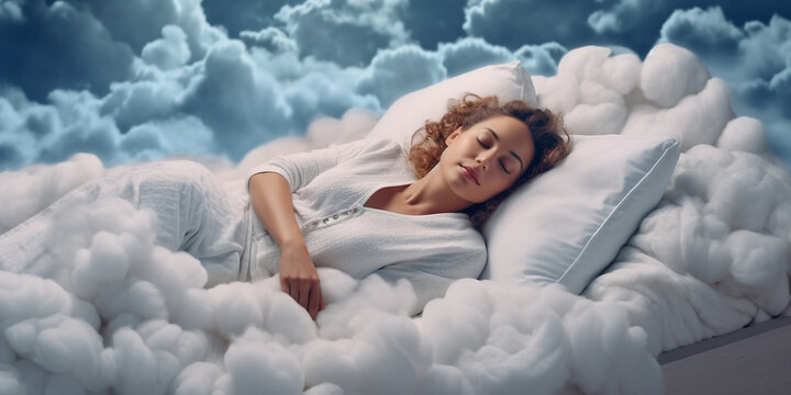 Hübsche Frau liegt im Bett schlafend wie im siebten Himmel mit Wolken bequem und ruhig, ai generativ