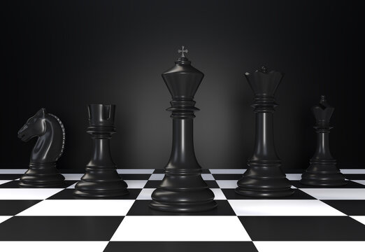World Chess Day Concept. Black Pieces on Board Close up View 3d Illustration