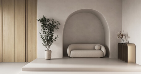 Conceptual interior room with arched stucco wall. Creative composition sofa with arch in warm beige pastel color. Mockup empty background. 3d rendering. High quality 3d illustration