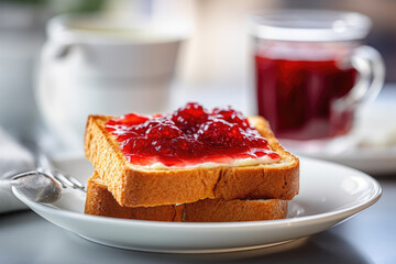 Toast with jam on the table. Breakfast. Generative AI technology.