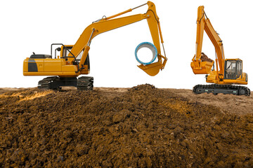 Crawler Excavator is digging soil in the construction site with bucket lift up on  isolated white...