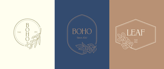 Hand drawn line art botanical vector logo design template collection. Illustration of elegant signs and badges for beauty, creative agency, cosmetics, spa and wellness, fashion, wedding, yoga centre.