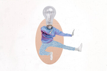 Collage portrait of jumping person leg kick fight huge light bulb instead head isolated on drawing...