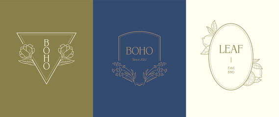 Hand drawn line art botanical vector logo design template collection. Illustration of elegant signs and badges for beauty, creative agency, cosmetics, spa and wellness, fashion, wedding, yoga centre.