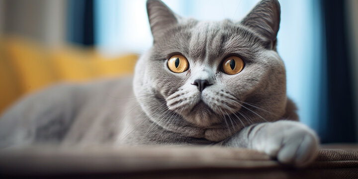 S&uuml;&szlig;e Britisch Kurzhaar Katze Gesicht blickt in die Kamera Nahaufnahme, ai generativ