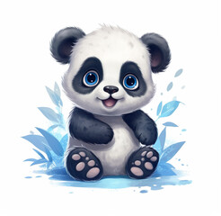 Cute little panda baby bear cartoon drawing character generative AI illustration isolated on white background. Lovely baby animals concept