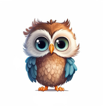 Cute little cartoon character drawing owl baby isolated on white background generative AI illustration. Lovely baby animals concept