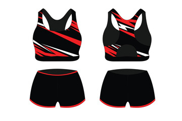 Sport Bra Apparel Specifications, front and back view Basic Colors Standard Uniform black and red template for design. Vector illustration