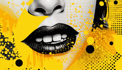 Abstract Retro/Pop-art magazine halftone collage,  woman with black lips. Generative AI