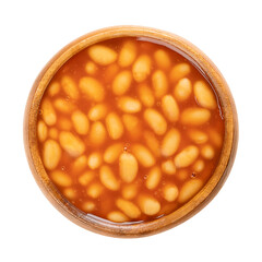 Canned baked beans in tomato sauce, in a wooden bowl. A dish, containing white beans, cooked through a steam process. Convenience food, eaten hot or cold, served alongside barbecue foods and  picnics.