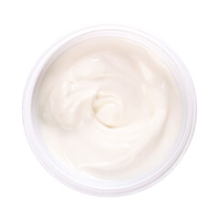Cream yogurt, in a plastic cup. Stirred yoghurt, also spelled yogourt or yoghourt, with ten percent fat content. Dairy product, made by bacterial fermentation of mostly cow milk with yogurt cultures.