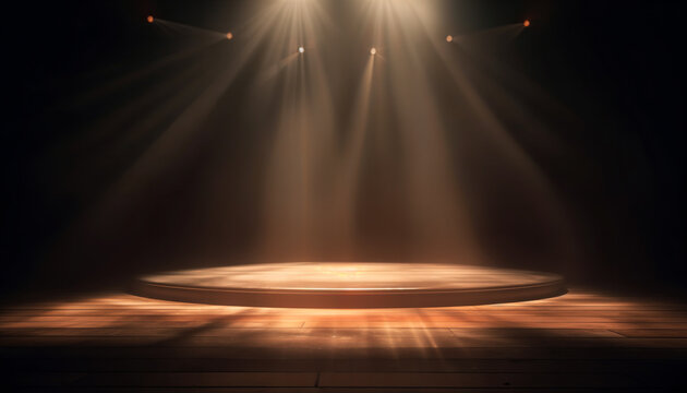 Empty nightclub or music-hall stage with spotlights. Generative AI
