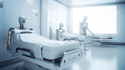 illustration of hospital room in futuristic equipment, Generative Ai