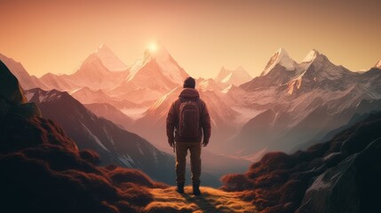 Hiker with backpack looking at the mountains ,Generative AI