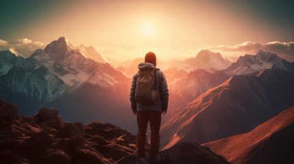 Hiker with backpack looking at the mountains ,Generative AI