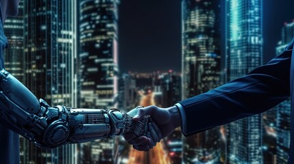 Fototapeta na wymiar close up robot and human hands do handshake with cityscape background, Generative Ai