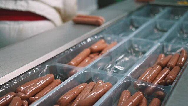 Meat production, worker in protective uniforms pack and stack sausages, process of packaging sausages in plastic packaging, food industry