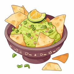 A lively cartoon of a bowl of guacamole with tortilla chips