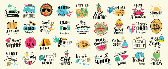 Big set of Summer labels, logos, hand drawn tags and elements for summer holiday, travel, beach vacation, sun. Vector illustration. 