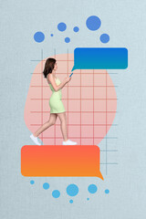 Photo cartoon comics sketch collage picture of smiling lady chatting twitter telegram facebook...