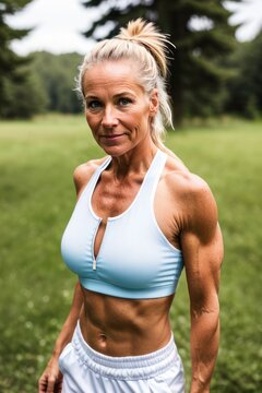 Portrait of old woman with a muscular body in sportswear in park. Generative AI